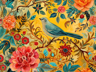 Obraz premium Beautiful Timeless Classic Victorian style Poetic and Hand Painted Retro Fine Art canvas for wallpaper and background with Colorful Peacocks, birds, Flowers and plants, Nature-inspired and floral