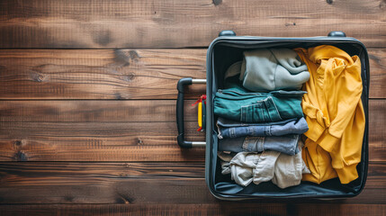 Flat lay of packed clothes luggage for summer holiday vacation - obrazy, fototapety, plakaty