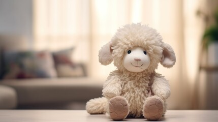 Cute sheep plush toy, closeup.