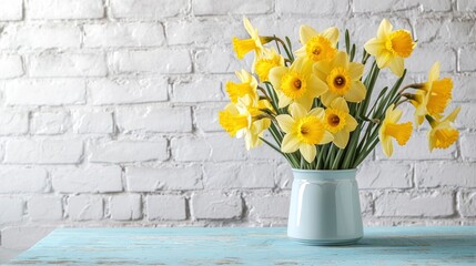 Spring flowers yellow daffodils bouquet in vase on blue table, white brick wall. Mothers Day.