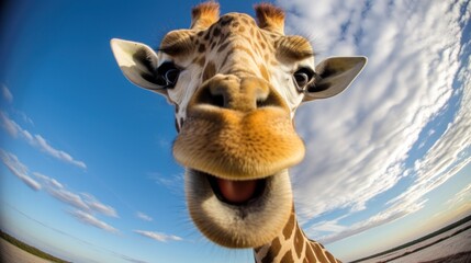Close-up selfie portrait of a giraffe.