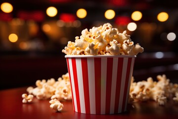 A red and white striped popcorn bucket with a lot of popcorn in it sitting on a table with a blurry background of a movie theater