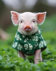 An adorable piglet wearing st patrik dress
