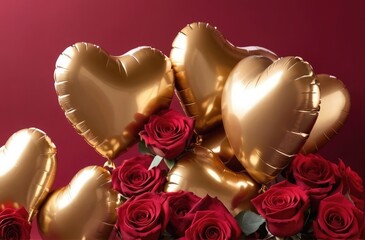 heart shape roses and  gold color Ballones  on a red background .front view with empty space for text , image 