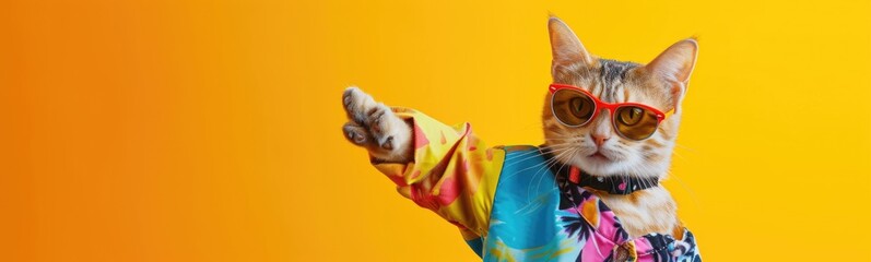 Cat wearing colorful clothes on yellow background  - obrazy, fototapety, plakaty