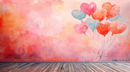 Watercolor valentines day mural painted on pink wall backdrop