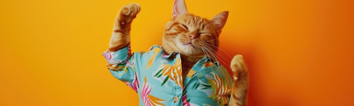 Cute cat wearing colorful clothes dancing on orange background . Banner