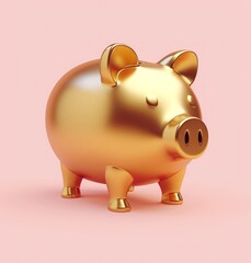 Golden piggy bank on pink background isolated