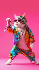 Cute cat wearing colorful clothes dancing on pink bakcground. Vertical background