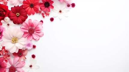 Elegant floral banner with assorted red, pink, and white flowers on white background, ideal for invitations, cards, and web headers. AI Generative