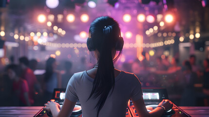 Young Asian female dj on stage in a nightclub, black hair tied in a low ponytail, listeners dancing...