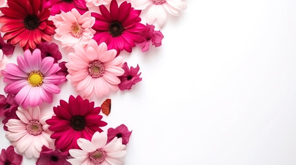 Beautiful floral banner with copyspace, featuring a gradient of pink to red flowers on a clean white background. AI Generative