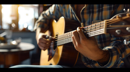 Male musician playing guitar in restaurant, closeup of hand playing guitar.
