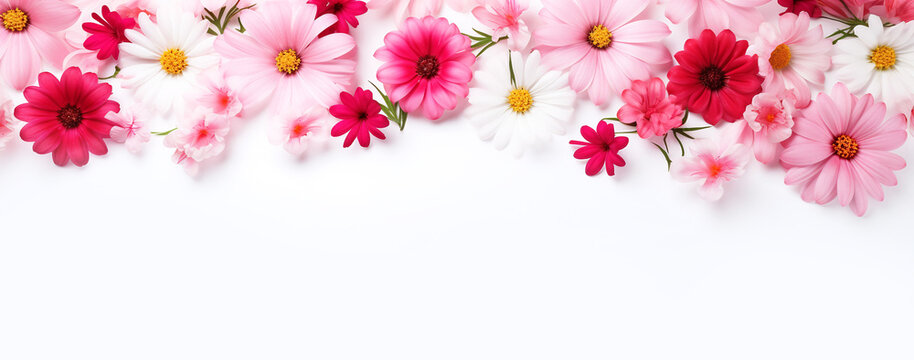 Vibrant pink and red floral banner, perfect for spring designs, wedding invitations, and web headers on a white backdrop. AI Generative