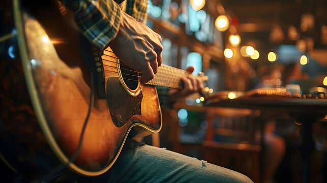 Male musician playing guitar in restaurant, closeup of hand playing guitar.