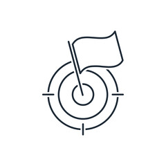 The flag is on the target. Achieve the intended goal.Vector linear icon isolated on white background.