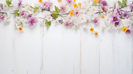 Top view of multicolored purple, yellow spring flowers on a white wooden background with space to copy. Mockup, Spring composition, banner for advertising.