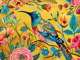 Obraz premium Beautiful Timeless Classic Victorian style Poetic and Hand Painted Retro Fine Art canvas for wallpaper and background with Colorful Peacocks, birds, Flowers and plants, Nature-inspired and floral