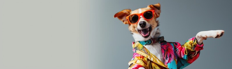 Cute dog wearing colorful clorhes dancing on grey background . Banner - obrazy, fototapety, plakaty