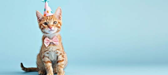 Celebration, happy birthday, Sylvester New Year's eve party, funny animal greeting card - Cute little cat pet with party hat and bow tie on blue wall background texture