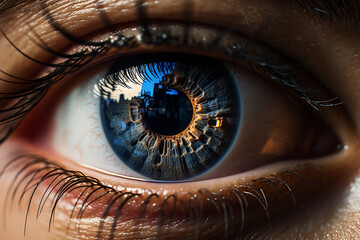 Naklejka premium An extreme close-up of an eye with a reflective surface that mirrors a bustling cityscape, symbolizing the urban environment's impact on the individual's perspective.