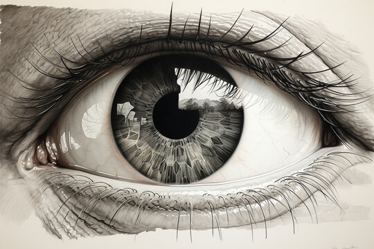 A monochromatic close-up of an eye with fine ink lines radiating from the pupil, creating a delicate and expressive visual composition reminiscent of traditional brushwork.