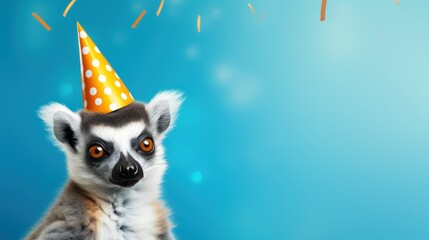 Obraz premium Funny lemur with birthday party hat on blue background.