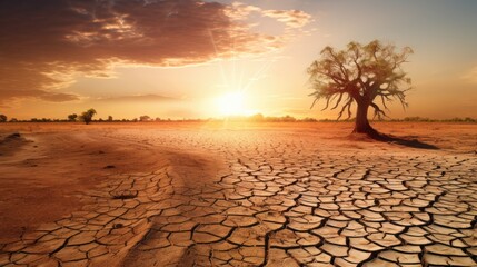 Landscape of dry cracked land and dead trees, in the hot sunny weather of El Nino - obrazy, fototapety, plakaty