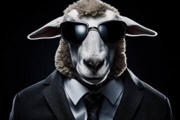 Funny sheep with sunglasses in a suit on a black background.