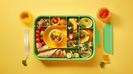 Fototapeta na wymiar Organic School Lunch Presentation: Top View of Eco-Conscious Lunchbox with Nutritious Treats, Fruits, Veggies, and More on Yellow Surface - Healthy and Vibrant Eating Experience!