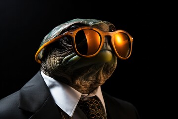 Funny turtle with sunglasses in a suit on a black background.