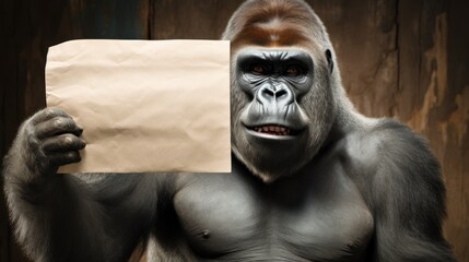 Portrait of a gorilla with blank banner. Copy-space.