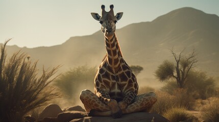 Giraffe sitting and meditating. - obrazy, fototapety, plakaty