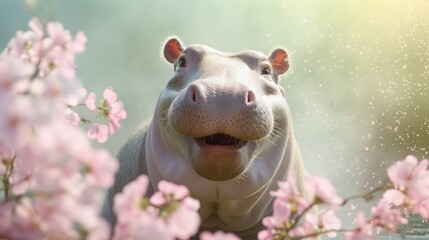 Portrait of happy hippopotamus rejoice with spring.