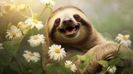 Portrait of happy sloth rejoice with spring.