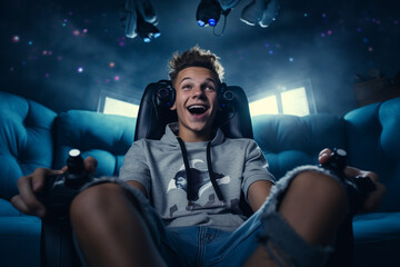 Hobbies and leisure, lifestyles concept. Happy young boy spending fun time in her room. Surreal background with various technical equipment