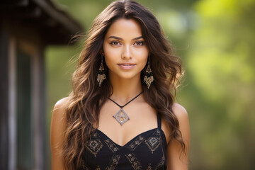 An Indian woman model wearing a black sundress in the garden