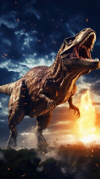 Prehistoric Dinosaur T-Rex Roaring in Front of a Volcano
