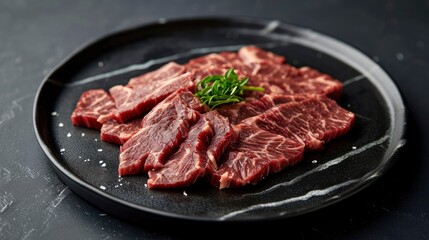 A black plate with beef cuts that have been sliced