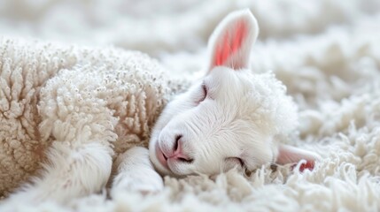 Fototapeta na wymiar White baby lamb having a nap, close up view