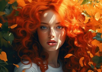 A woman with red hair and orange hair is in the leaves. Generative AI.
