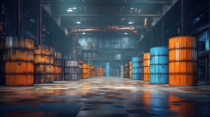 Warehouse with rows of large industrial oil barrels for storage of goods. - obrazy, fototapety, plakaty