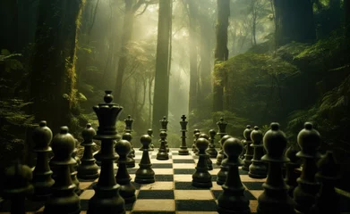 Foto op Canvas A chess board in the middle of a forest. Generative AI. © Natalia