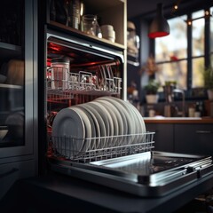 Dishwasher with dishes in it. Generative AI.