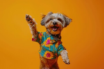 Cute dog wearing colorful clorhes dancing on orange bakcground . 