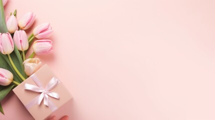 Top view of trendy gift boxes with ribbon bows and tulips on an isolated pastel pink background with copy space. Mockup, banner, flatlay. Mother's Day, March 8, Spring, the birthday of the concept.