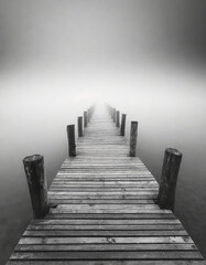 Minimalist artistic image of a wooden jetty disappearing into the fog in black and white. - obrazy, fototapety, plakaty