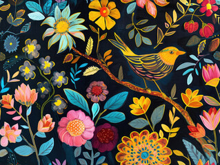 Beautiful Timeless Classic Victorian style Poetic and Hand Painted Retro Fine Art canvas for wallpaper and background with Colorful Peacocks, birds, Flowers and plants, Nature-inspired and floral