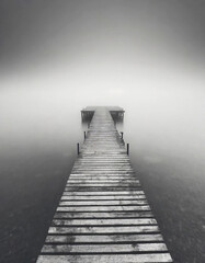 Minimalist artistic image of a wooden jetty disappearing into the fog in black and white.