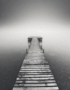 Minimalist artistic image of a wooden jetty disappearing into the fog in black and white.